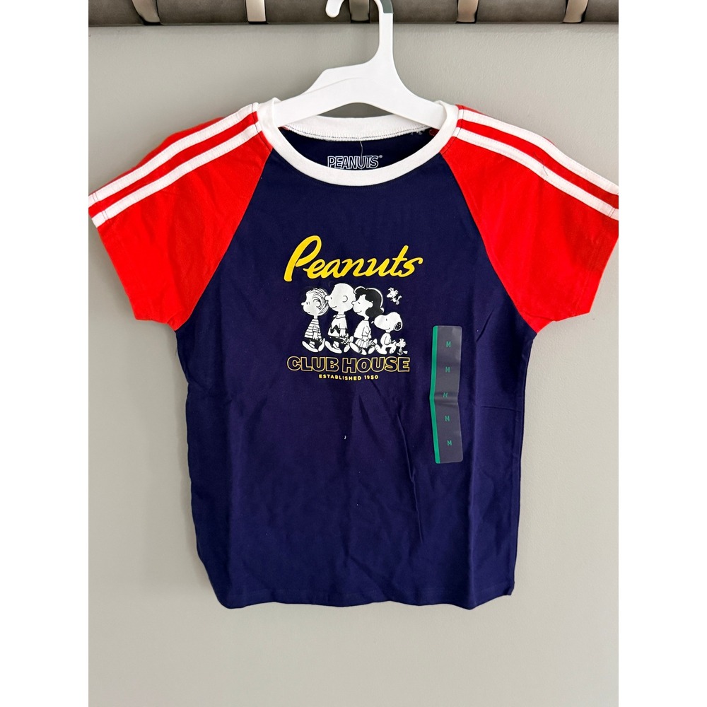Peanuts Boys M Club House Raglan T-Shirt Navy Blue Red Snoopy Charlie Brown NWT‎